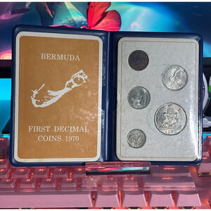 1970 Bermuda 5 Coin Uncirculated Set 1st Decimal Coins Original Blue Folder N